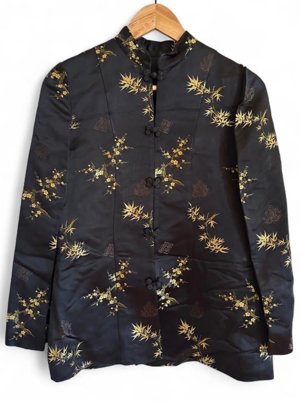 Vintage Black Gold Embroidered Floral Brocade Mandarin Frog Closure Jacket Boho - Picture 2 of 8